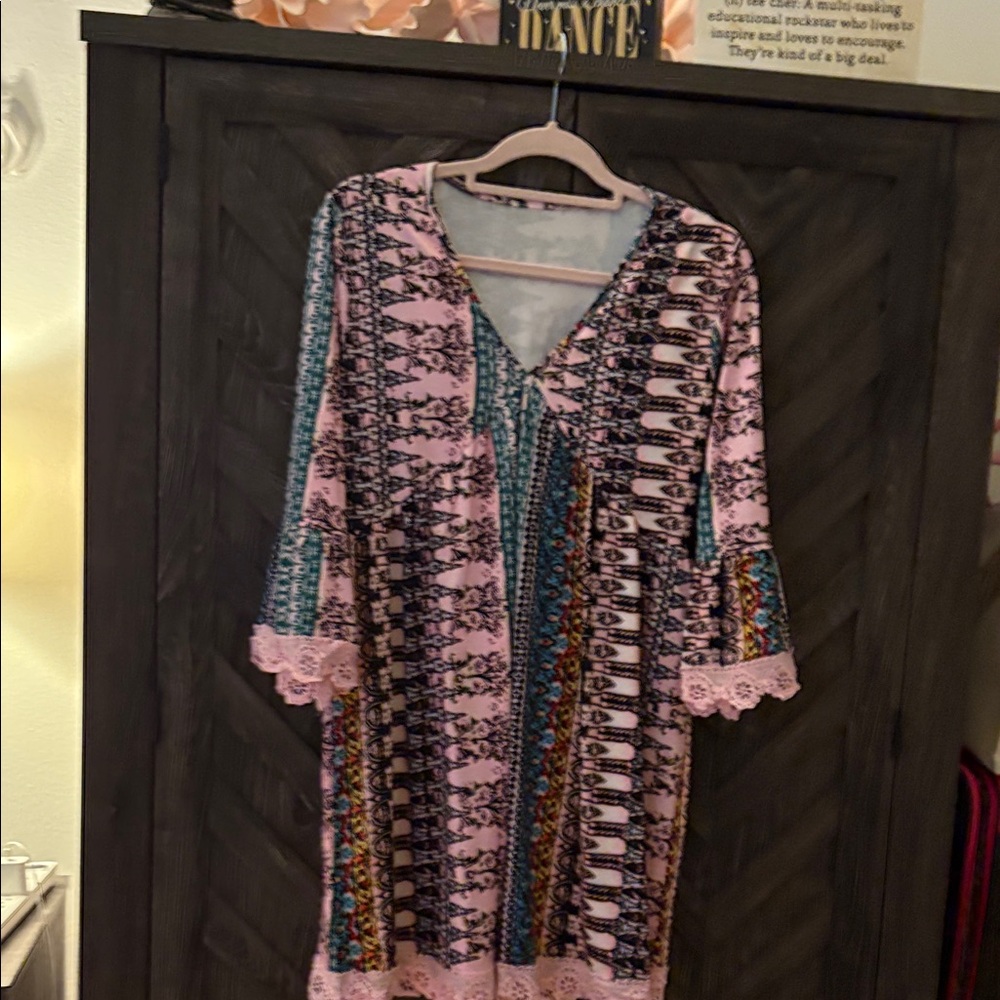 Multicolor Patterned Dress with Lace Trim
